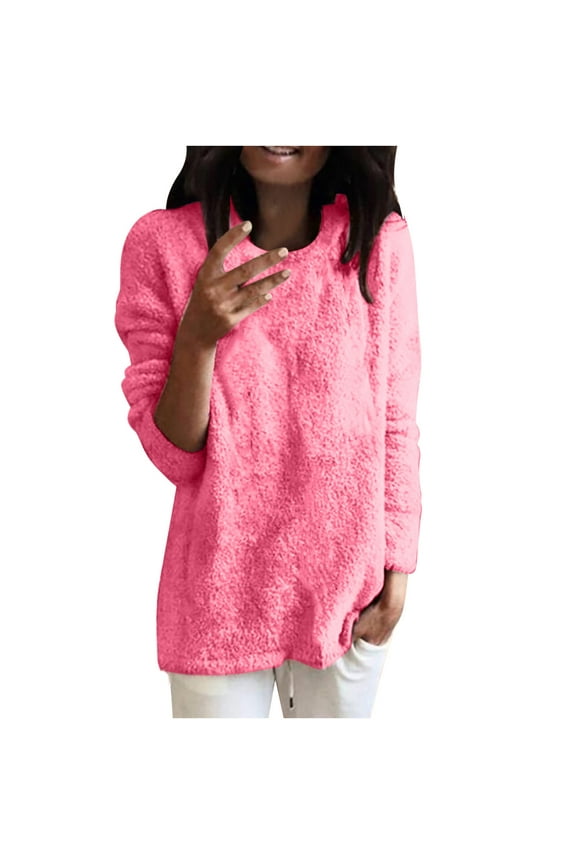 Fleece Tunic Sweater Tops for Women Winter Warm Plus Size Thermal Underwear Blouses Crew Neck Long Sleeve Pullover (2XL, Hot Pink)