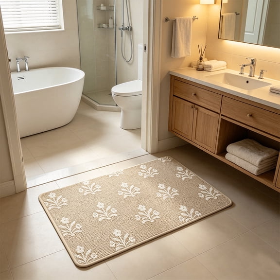 Clearance Floral Bath Mat, Soft Absorbent Non-Slip Bathroom Rug, Machine Washable Beige Carpetn, Plush Microfiber Floor Mat for Tub, Shower, Kitchen, Entryway, and Bedroom 24 x 16