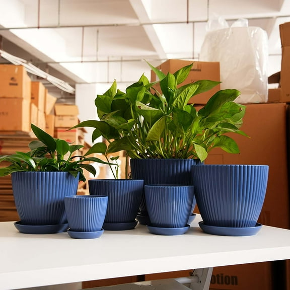 Clearance! Flower Pots Indoor Thicken Planter with Hole and Tray for All House Plants Reliable Plastic Ripple Pattern Flowerpot for Home Garden Housewares, Dark Blue 13*11CM