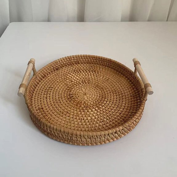 Clearance Food Storage under $10,Round Serving Tray Hand Woven Rattan Tray Serving Tray With Handles Wicker Tray Basket Tray For Bread Coffee Breakfast Display