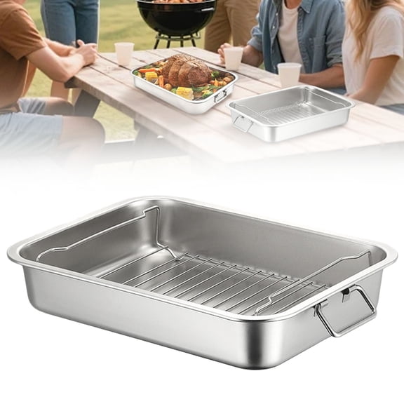 Clearance Food Storage under $20,Stainless Roasting Pan Turkey Roasting Baking Broiler Oven Pan With Rack And Handle For Oven High Induction Roast Tray For Chicken Vegetabl