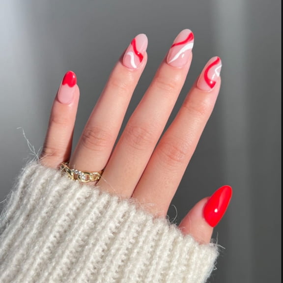[Clearance] French red white curve foreign trade wearing armor simple medium round nail manicure nail piece factory wholesale
