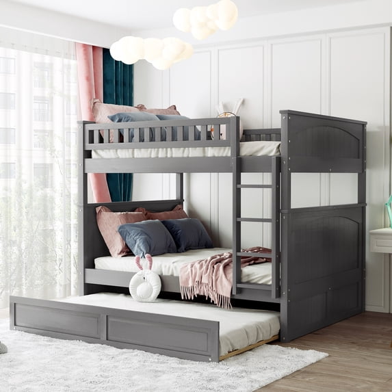 Clearance! Full Over Full Bunk Bed with Twin Size Trundle, Pine Wood Bunk Bed with Guardrails, Brushed Gray