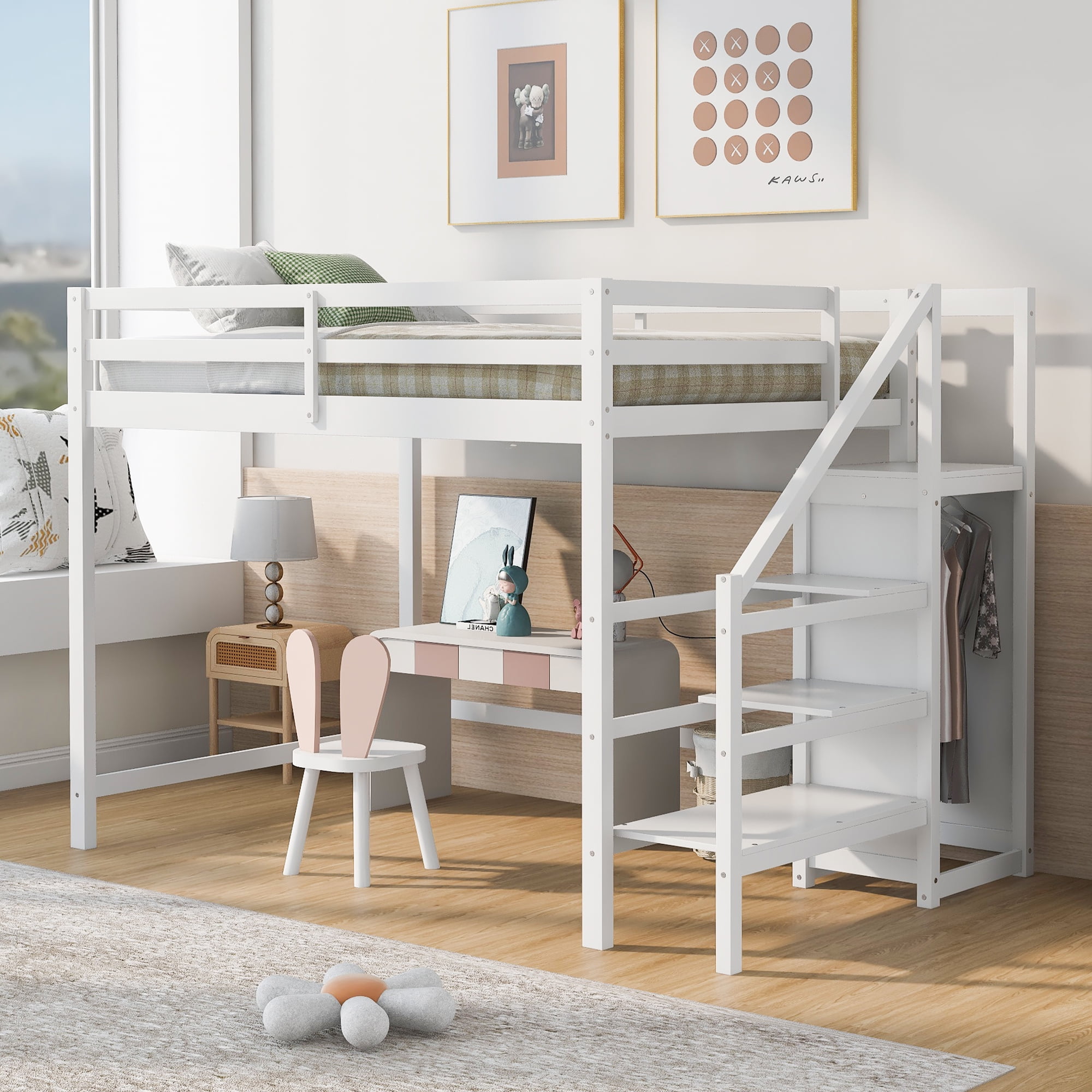 Clearance! Full Size Loft Bed with Built-in Storage Wardrobe and ...