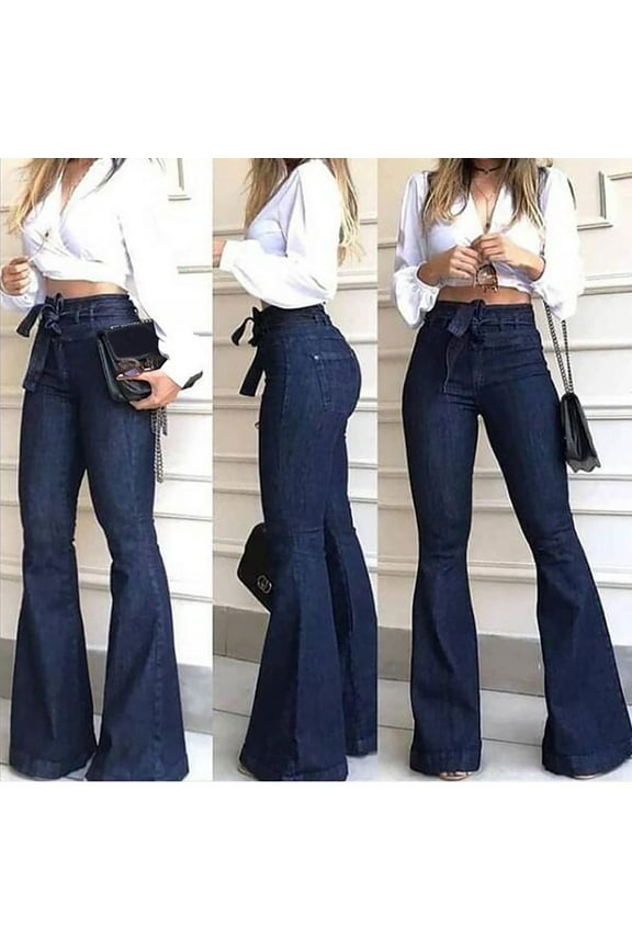 Women's Pants $5,Fashion Ladys High Waisted Lacing Stretch Wide Leg Jeans Bell-Bottomed Pants