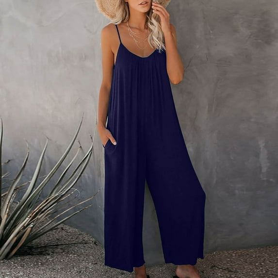 GaThRRgYP Women's Pants $5,Women Strap Jumpsuit Summer New Style Solid Color Pocket Casual Jumpsuit Female