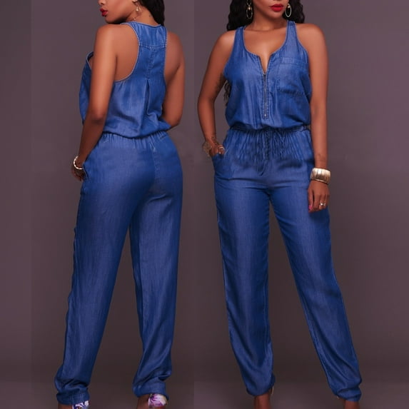 Black*Friday Clearance Items under $5 GaThRRgYP Women's Pants $5,Womens Casual Off Shoulder Denim Jeans Pocket Sleeveless Jumpsuits Rompers
