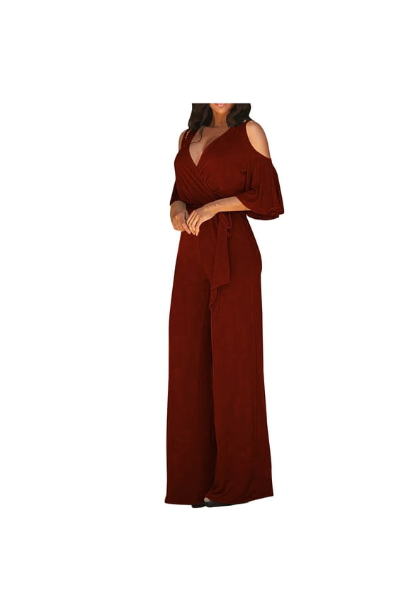 Womens Jumpsuits and Rompers,Summer Rompers for Women,Women Sexy Strapless Color Block Botton Off The Shoulder Long Sleeve Jumpsuit Wide Leg Pants Rompers