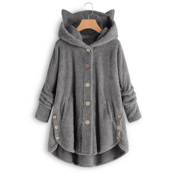 Elainilye Winter Womens Thinsulate Winter Jackets Keep Warm Button Down Cardigan Hoodies Cat Ears Irregular Plush Solid Hooded Coat Tops