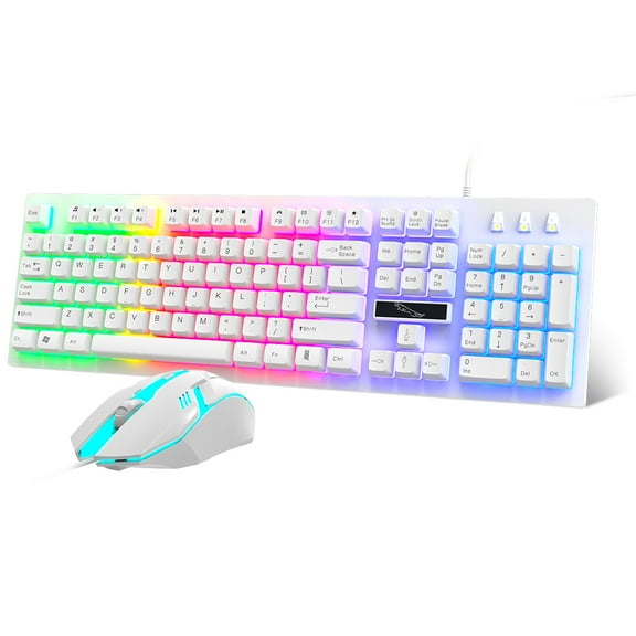 Clearance! Gaming Keyboard USB Wired Floating Keyboard with Mouse, Quiet Ergonomic Water-Resistant Mechanical Feeling Keyboard, Ultra-Slim Rainbow LED Backlit Keyboard for Desktop, Computer, PC