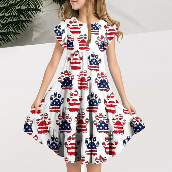 Gamivast 4Th Of July Girls Summer Dress Cute Print Double Layer Flutter Sleeve Princess Dress Flowy A-Line Midi Dress Vacation Casual Beach Dress White 8Y Vestidos De Verano Para Niña