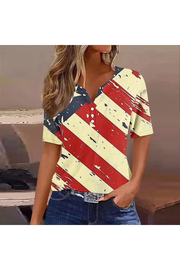 4Th Of July Summer Tops for Women 3/4 Sleeve Crewneck Cute Shirts Funny Print Casual Blouses Tunic Festival Blouses Gifts Clothes L Camisas Para Mujer