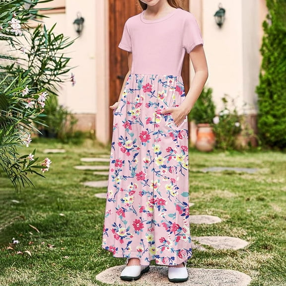 Gamivast Girls Maxi Floral Skirt 2025 Summer Boho Casual Flowy Holiday Pleated Elastic Waist A Line Beach Skirts Pink 7 Years Vestidos De Verano Para Niña