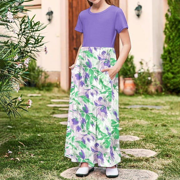 Gamivast Girls Maxi Floral Skirt 2025 Summer Boho Casual Flowy Holiday Pleated Elastic Waist A Line Beach Skirts Purple 9 Years Vestidos De Verano Para Niña