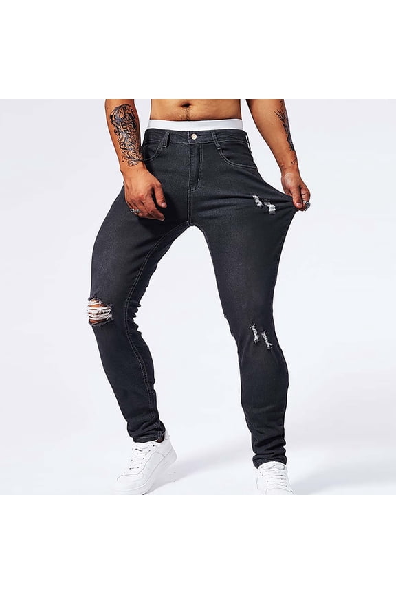 Men Patchwork Ripped Slim Fit Jeans Cotton Stretch Straight Skinny Denim Trousers Slim Fit, Skinny and Ripped Streetwear Pants Black 34 Pantalones De Hombre
