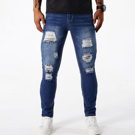 Gamivast Men Patchwork Ripped Slim Fit Jeans Cotton Stretch Straight Skinny Denim Trousers Slim Fit, Skinny and Ripped Streetwear Pants Blue 36 Pantalones De Hombre