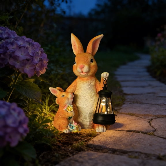Clearance Garden Statues Rabbit with Solar Lights- Bunny Figurine Outdoor Rabbit for Home Lawn,Balcony-Yard Art Garden&Patio Whimsical Decor,Unique Housewarming&Birthday Gifts for Women Mom