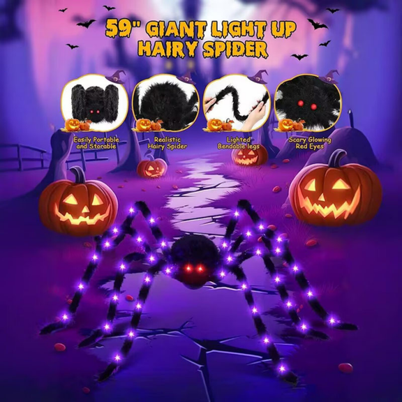 Clearance Giant Light-Up Hairy Spider, 4.9 FT Black Halloween Decoration with 38 LEDs, Scary Outdoor & Indoor Prop