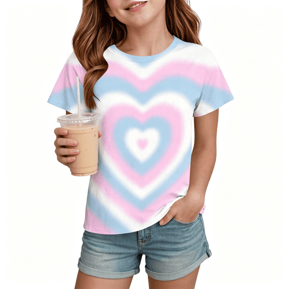 Clearance! Girls T-Shirts Tee Under $5, Short Sleeve Summer Love Print Crew Neck Casual Tops for Kids Light Blue Size 9-10