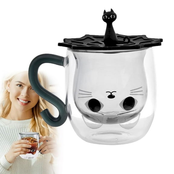 Clearance Glass&Bottle under $5,Cat Tea Coffee Cup With Handle Cup Double Wall Insulated Glass With Lid Cute Coffee Tea Glass Cups Double Wall Glass Tea Cup Cat Cup For Birthday Halloween Vale