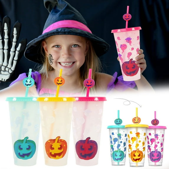 Clearance Glass&Bottle under $7 Halloween Pumpkin Color Changing Cup Set Halloween Cool Color Changing Plastic Water Cup Three Piece Set Funny Pumpkin Cover Strawes Plastic Cup