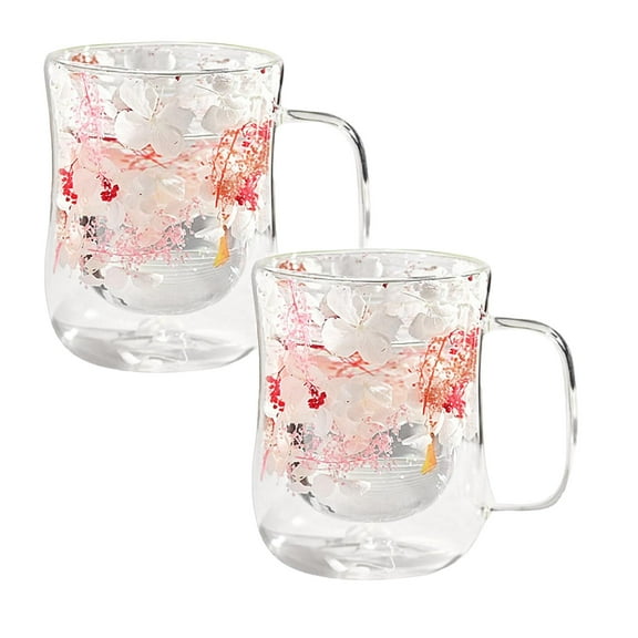 Clearance Glass&Bottle under $8 Double Walled Glass Coffee Mugs With Handle 300ML Clear Floral Glass For Cappuccino Latte Tea Bag Beverage Glasses Heat Coffee Cups