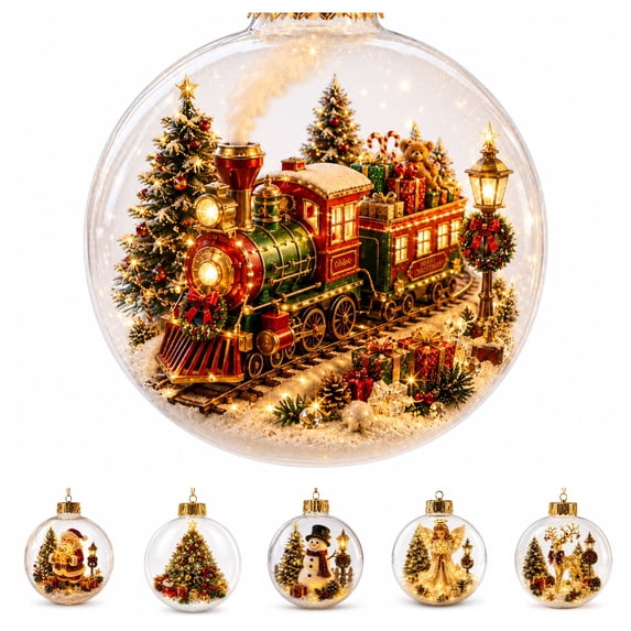 Clearance Glowing Christmas Story Ornament, Light-Up Mini Holiday Scene with Warm LED Light, Christmas Tree Decorations (Train)