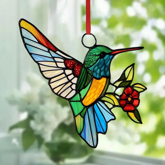 Gmogad Hummingbird Stained Glass Sun Catcher, Handcrafted Window Hanging with Chain for Living Room Kitchen, Colorful Reflections Light Decor, Unique Housewarming Gift Birthday Present