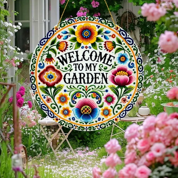Gmogad Welcome to My Garden Metal Circle Sign - Rustic Outdoor Wall Hanging, Farmhouse Porch Decor, Themed Hanging Art for Plant Lovers