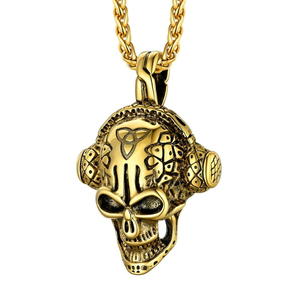 [Clearance]Gold Headphones Skull Necklace for Men Women Hip Pop Pendant Birthday Jewelry Stainless Steel Gift