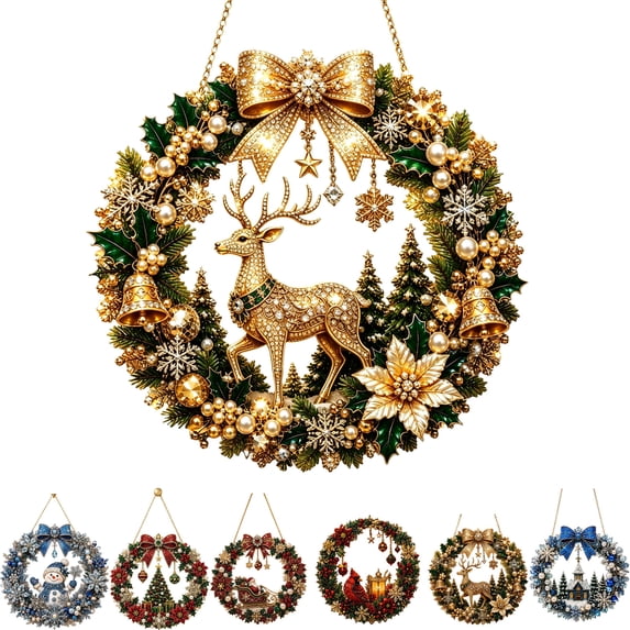 Clearance! Gold Reindeer Wreath Diamond Art Hanging Kit for Adults, DIY Bow Bell Suncatcher Craft, Special Shaped Rhinestone Pendant, Christmas Home Decor