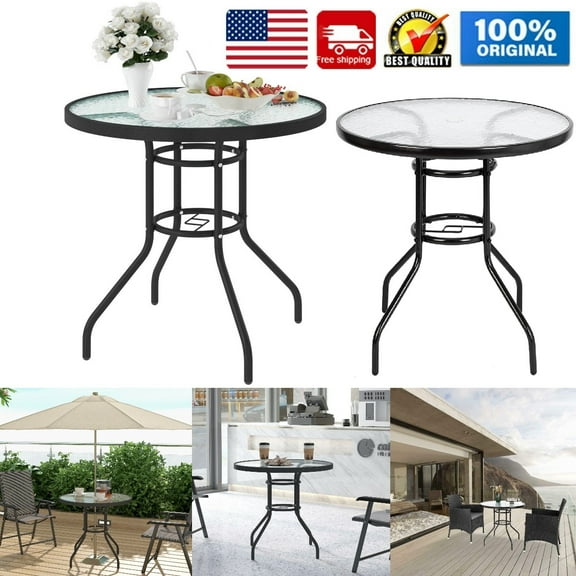 Clearance! Goorabbit Outdoor Round Tempered Glass Table Patio Metal Frame Dining Table with Umbrella Hole, All Weather Outside Table for Garden(31.5x31.5x28.3",Black)