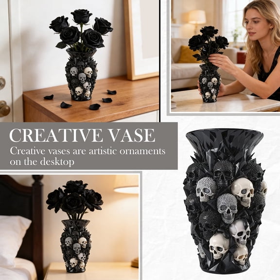 Clearance！Gothic Skull Decorative Vase, Unique Punk-Style Diamond-Encrusted Skull Ornament, Creative Home Living Room Art Resin Vase, Black/White/Diamond Faceted Multi-Skull Design, 5.91*3.15 Inches