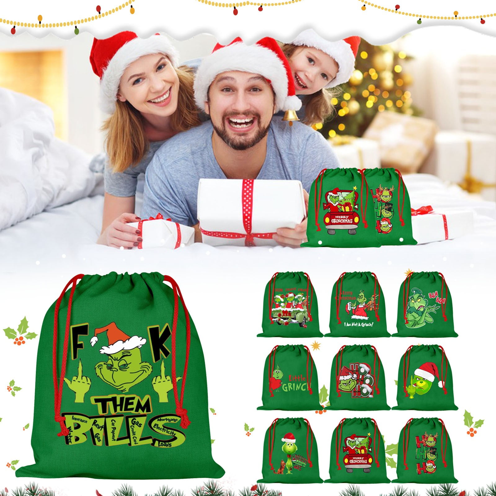 Clearance! Grinch! Greench! Corashan Cartoon Green Printing Drawstring