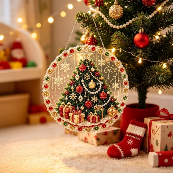 Clearance Gunhay Christmas Pearl Diamond Art Hanging Ornament Kit, 3D Pearl Bead Painting Craft, Acrylic Pearl Ornament Hanging Decor for Window & Tree, Christmas Tree
