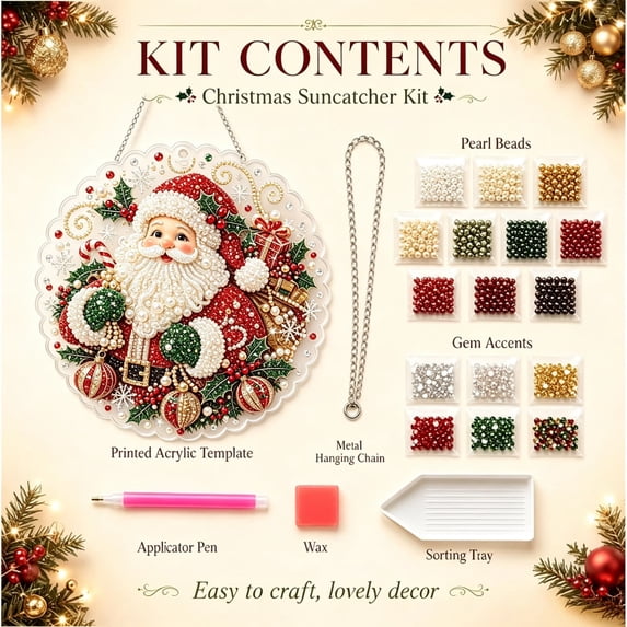Clearance Gunhay Christmas Pearl Diamond Art Hanging Ornament Kit, 3D Pearl Bead Painting Craft, Acrylic Pearl Ornament Hanging Decor for Window & Tree, Santa Claus
