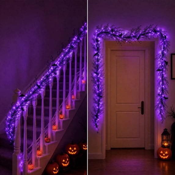 Clearance Gunhay Fall Decor 70.86" Black Halloween Garland with Crows, Fall Decorations for Home, Purple Lighted Farmhouse Harvest Decorx for Farmhouse Harvest Decor Indoor Outdoor