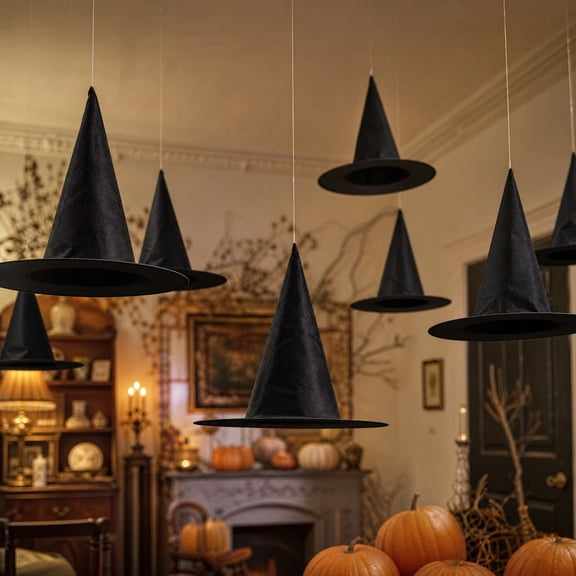 Clearance Gunhay Halloween Decorations 12 PCS Witch Hats, 15" Thickened Hanging Black Witches Hat with 328 FT Rope Wizard Decor to Hang from Ceiling, Floating Front Porch for Indoor Outdoor Decor