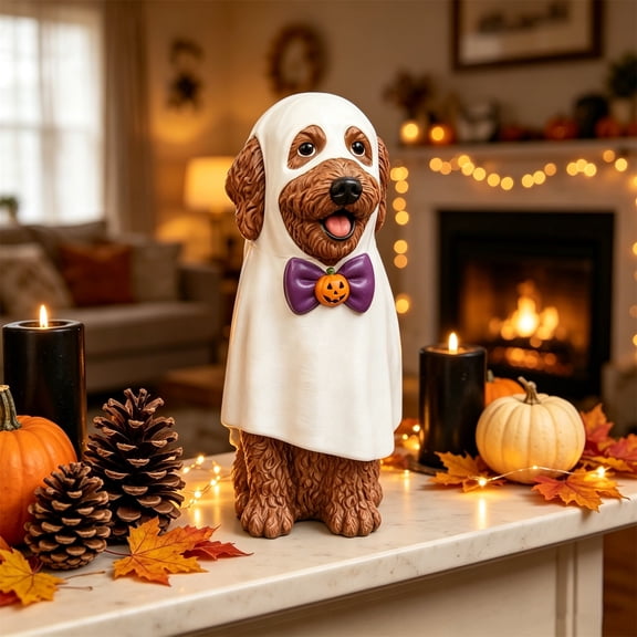 Clearance Gunhay Halloween Ghost Goldendoodle Dog Figurine, 7.9" Resin Doodle Goldendoodle Dog Statue with Pumpkin Bow Tie