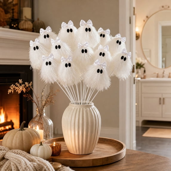 Clearance Gunhay Halloween White Ghost Stems, 12 Inch Cute Glitter Ghost Picks with Tassel Gothic Spooky Tree Picks for Halloween Table Centerpieces Decorations