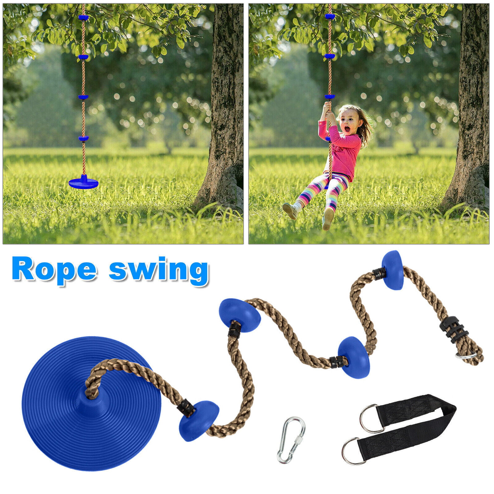 Clearance! Gym Kingdom Tree Swing for Kids - Single Disc Seat and Rainbow  Climbing Rope Set w/ Carabiner and 4 Foot Strap - Treehouse and Outdoor
