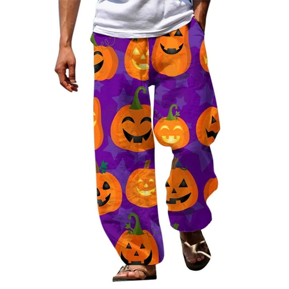 HCURIBAD Baggy Pants, Pants for Men Men's Casual Pants Halloween Pumpkinhead Beach Pants with Pockets 2024 New, Halloween Pants, Halloween Pajamas, () C XL
