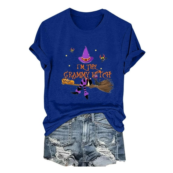 HCURIBAD Shirts for Women, Women's Alphabet Witch Print Crew Neck Tee Halloween T-Shirt, Womens Graphic Tees, Halloween Shirts for Women 1PC Top Blue 2XL
