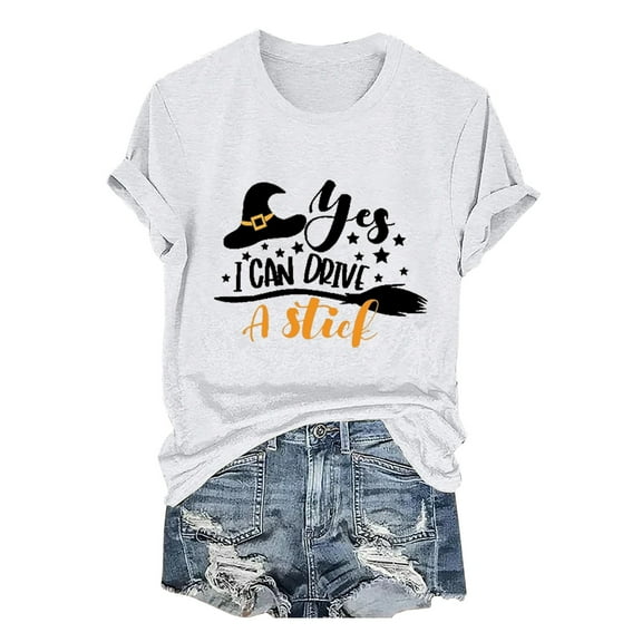 HCURIBAD Shirts for Women, Women's Alphabet Witch Print Crew Neck Tee Halloween T-Shirt, Womens Graphic Tees, Halloween Shirts for Women 1PC Top White S