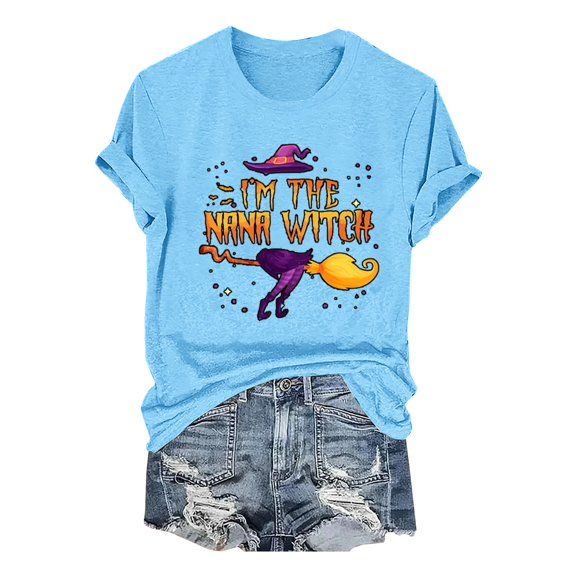 Clearance! HCURIBAD Shirts for Women, Women's Alphabet Witch Print Crew Neck Tee Halloween T-Shirt, Womens Graphic Tees, Halloween Shirts for Women 1PC Top Sky Blue XL