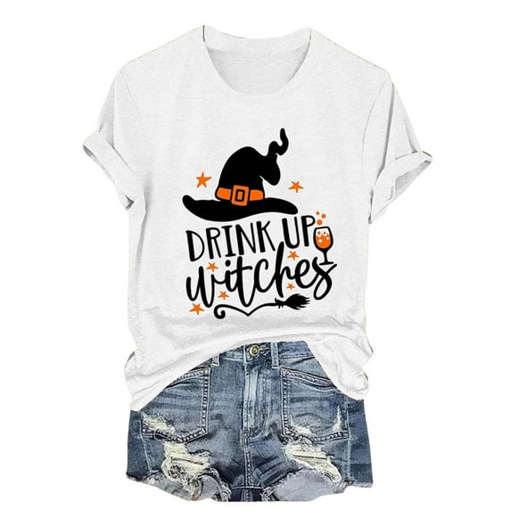 Clearance! HCURIBAD Shirts for Women, Women's Casual Letter Printed Round Neck Short Sleeve Top Halloween Witch T Shirt, Womens Graphic Tees, Halloween Shirts for Women 1PC T-Shirt White M