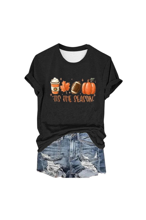 Shirts for Women, Women's Pumpkin Baseball Maple Leaf Letter Printed T-Shirt Halloween Round Neck Tee, Womens Graphic Tees, Halloween Shirts for Women 1PC Top Black XL