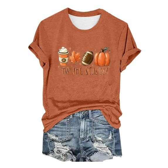Clearance! HCURIBAD Shirts for Women, Women's Pumpkin Baseball Maple Leaf Letter Printed T-Shirt Halloween Round Neck Tee, Womens Graphic Tees, Halloween Shirts for Women 1PC Top Watermelon Red XL