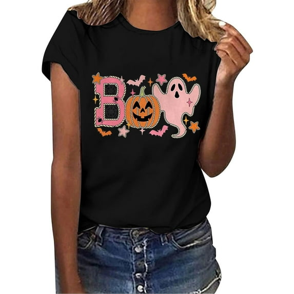 HCURIBAD Shirts for Women, Women's Round Neck Long Sleeve Top Halloween Printed Casual Loose T Shirt, Womens Graphic Tees, Halloween Shirts for Women 1PC Top Black L