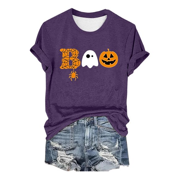 HCURIBAD Shirts for Women, Womens Halloween Pumpkin Print T-Shirt Casual Round Neck Top, Womens Graphic Tees, Halloween Shirts for Women 1PC Top Dark Blue XL